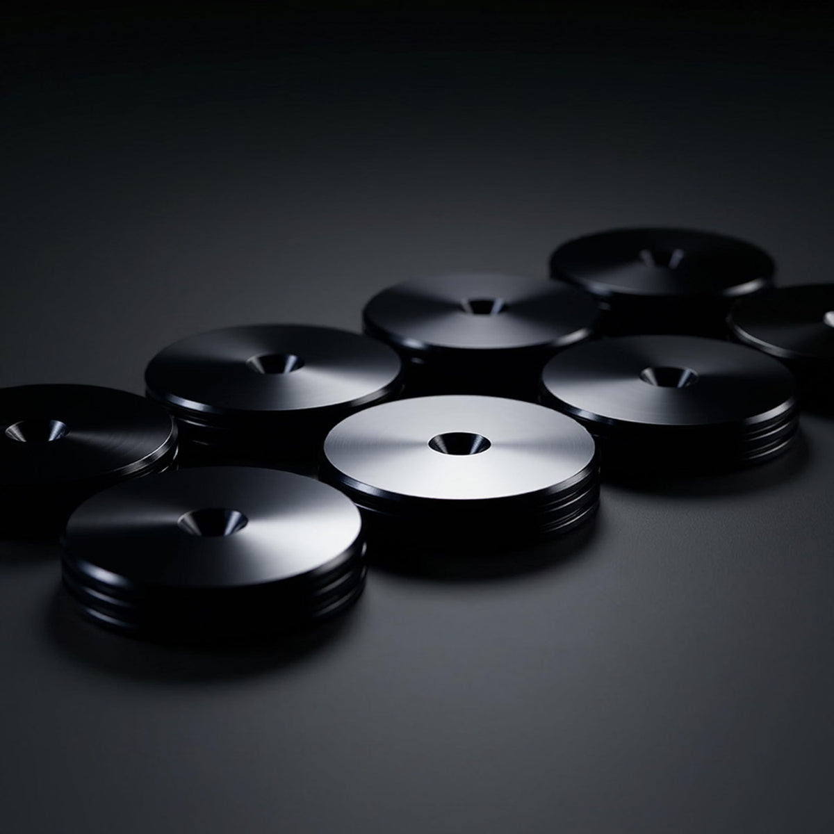PrecisionGeek® Black Aluminium Speaker Spike Pads 20mm Slim – CNC Machined Isolation Discs, Set of 8