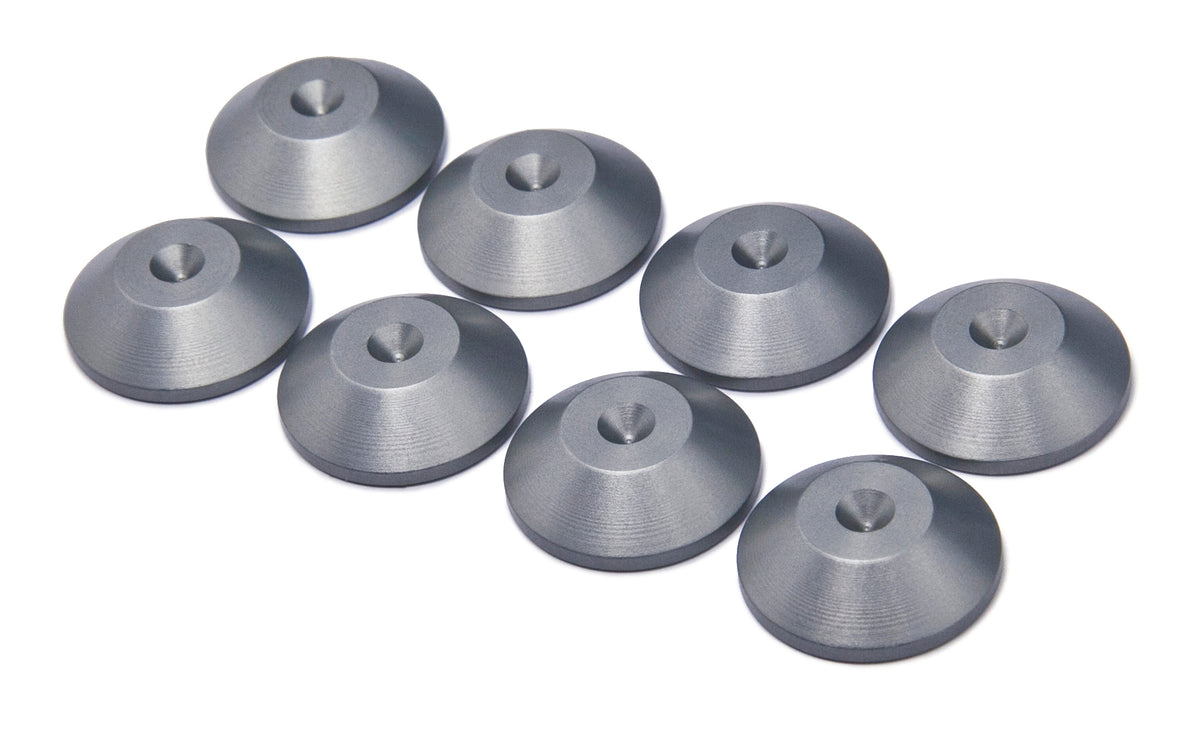 PrecisionGeek® Gun Metal Aluminium Speaker Spike Pads 20mm CONED – CNC Machined Isolation Discs 6mm, Set of 8