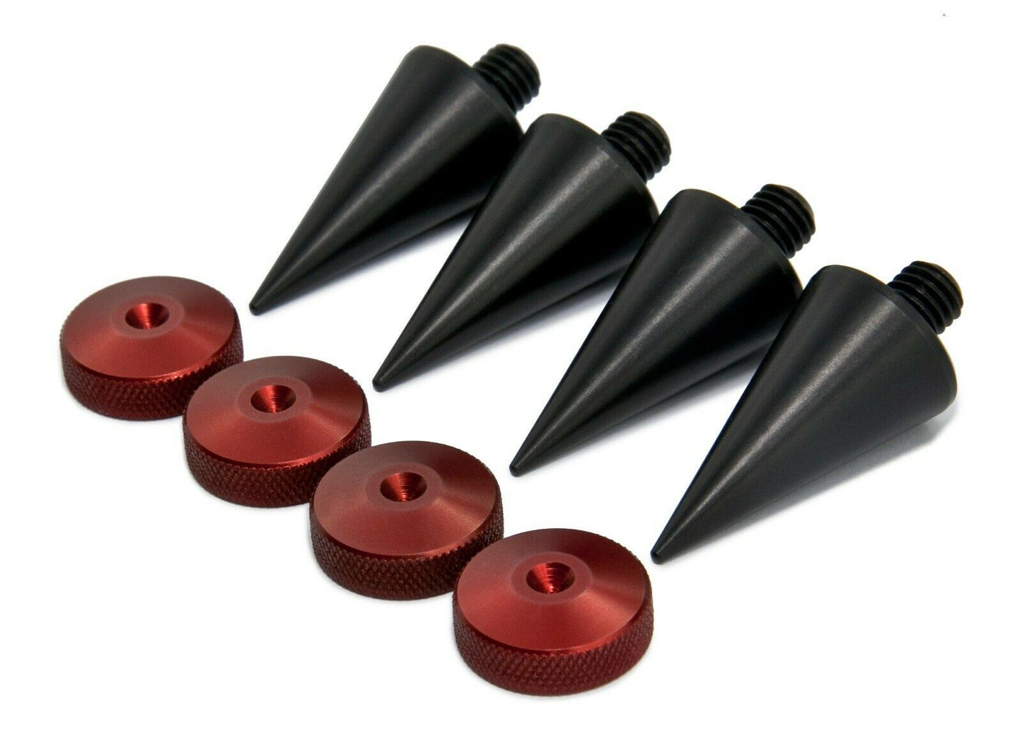 BIG Black Aluminium Speaker Spikes M8 L37mm + Red Knurled Pads - Set of 4