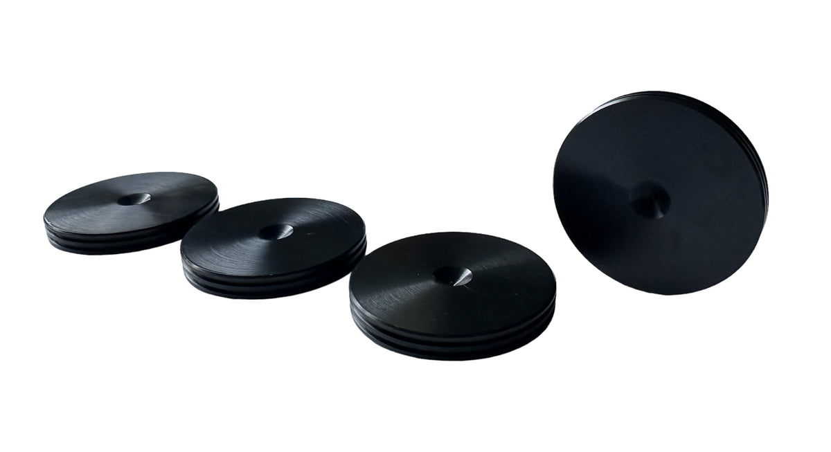 PrecisionGeek® Slim Speaker Spike Pads – Decorative Grooved Edge, Ø40mm – Black Aluminium – Pack of 4