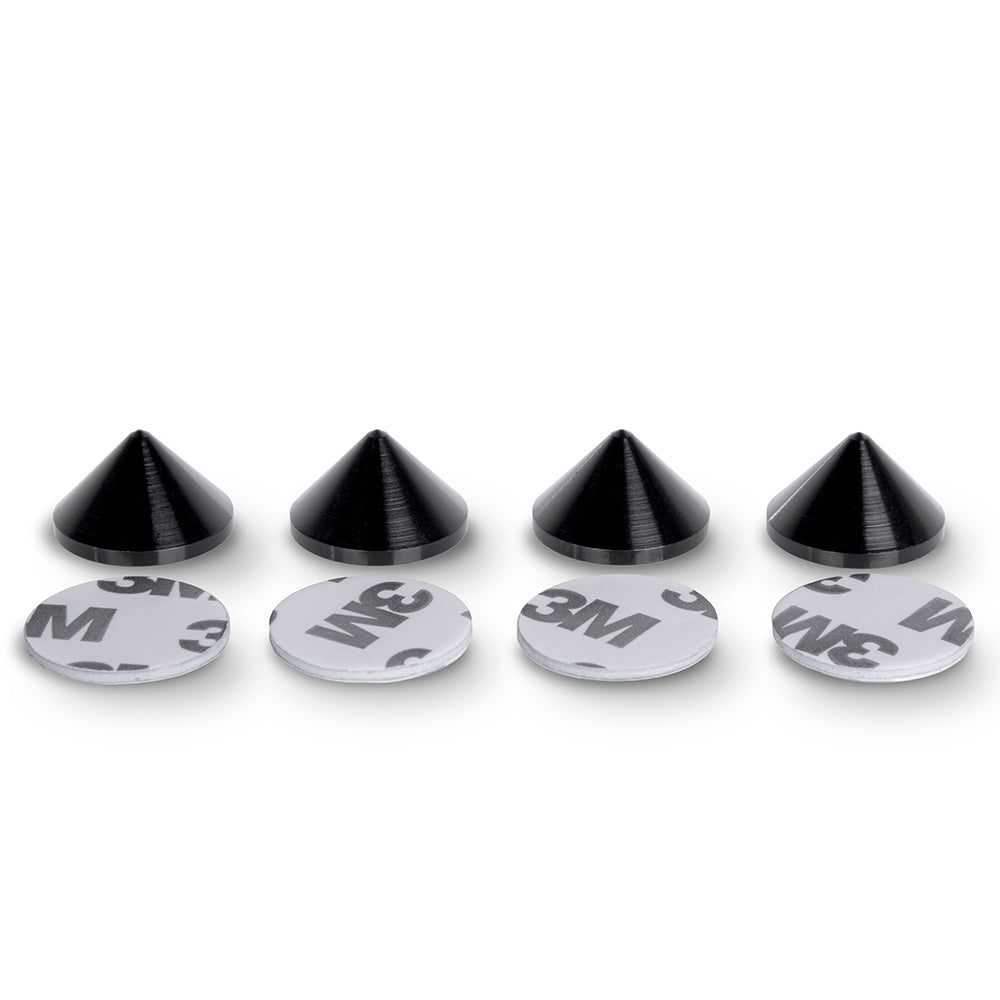 Black Aluminium Speaker Spike Cones – 20 mm Diameter – 12 mm Cone Length – Adhesive Pads – Set of 4