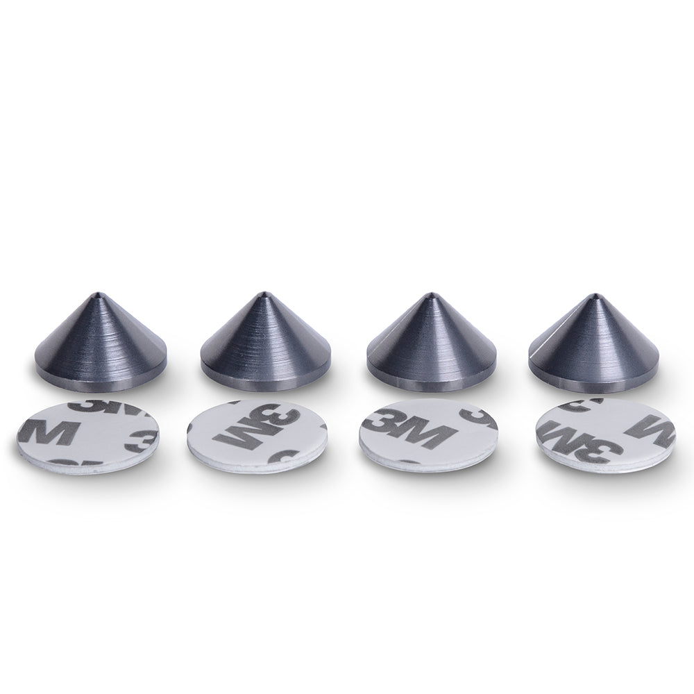 Grey Aluminium Speaker Spike Cones – 20 mm Diameter – 12 mm Cone Length – Adhesive Pads – Set of 4