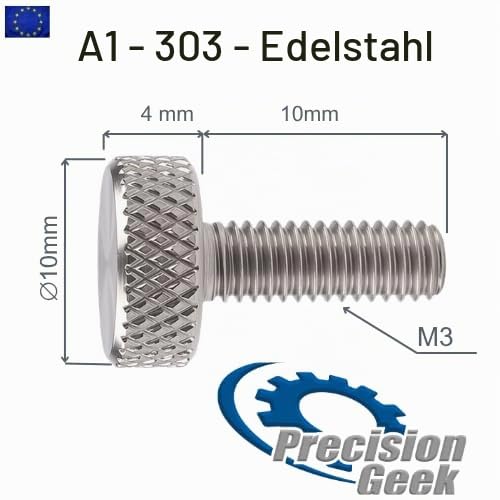 PrecisionGeek® Stainless Steel Flat Knurled Thumb Screws M3 x 10mm – 14mm Total Length, 10mm Head, 4mm Thick, Diamond Knurl – Set of 10