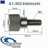 PrecisionGeek® Stainless Steel Knurled Shoulder Thumb Screws M3 x 10mm – 20mm Total Length, 10mm Head, Diamond Knurl – Set of 5