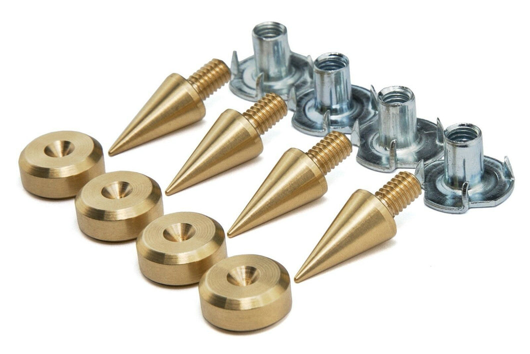 M8 Brass Spikes + Brass Pads / Shoes + wood inserts Set of 4