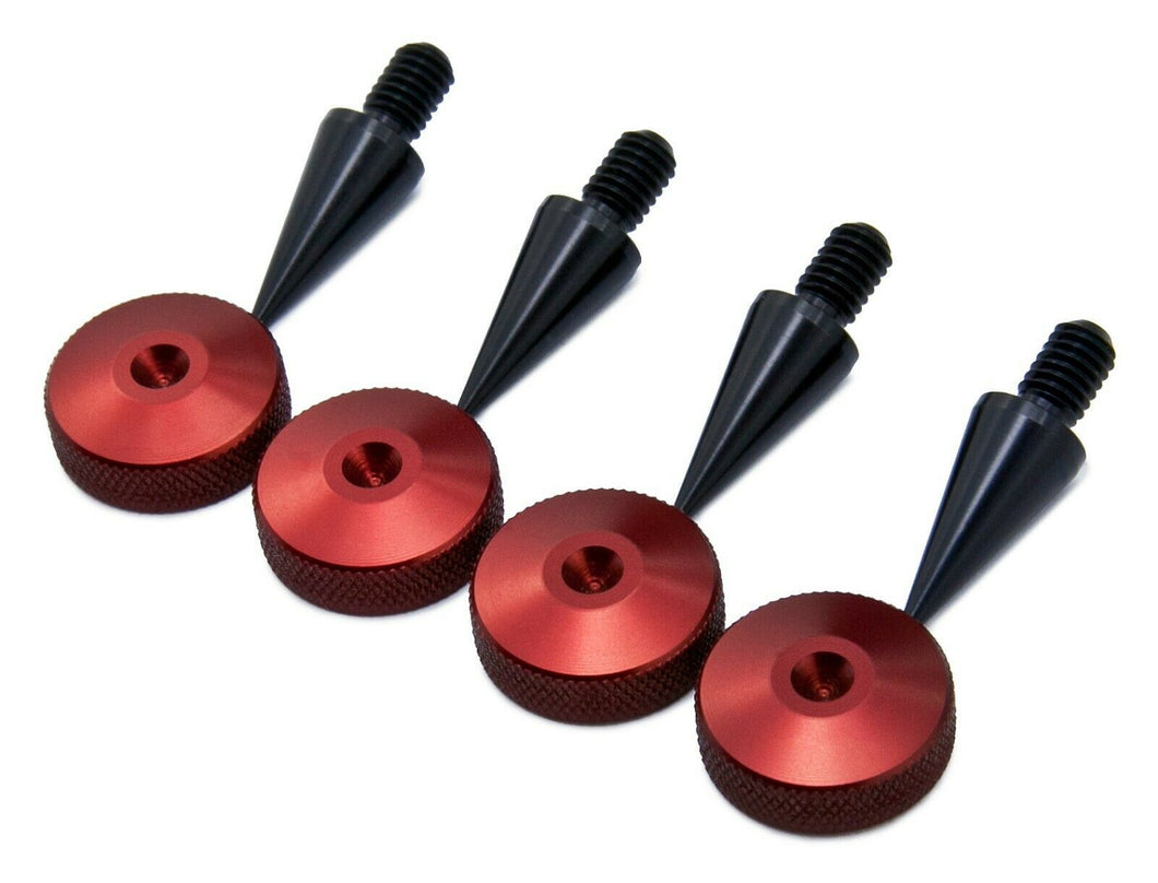 BLACK Aluminium Speaker Spikes M8 + Red Aluminium Knurled Pads - Set of 4