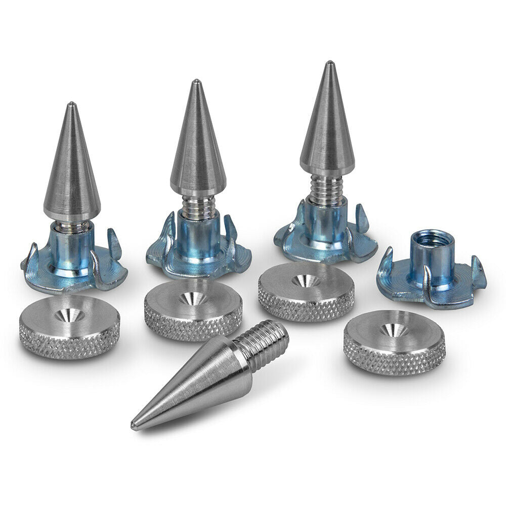 M8 Aluminium Speaker Spikes + Knurled Pads with Wood Inserts 4pcs