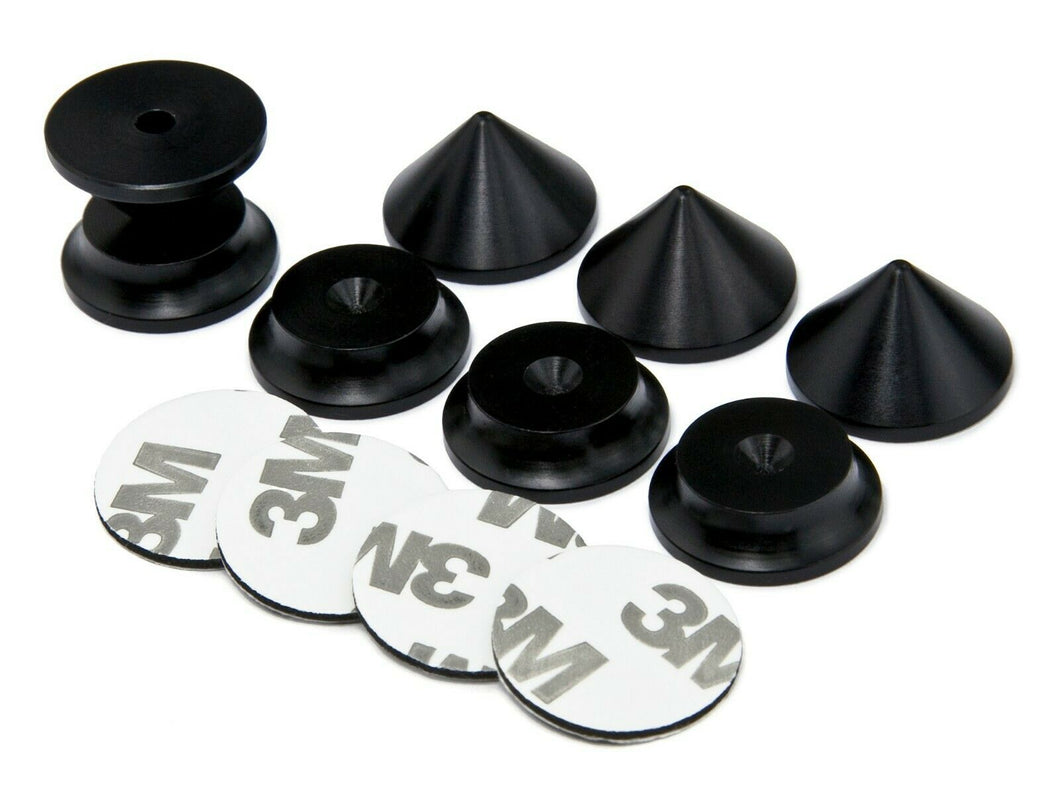 BLACK Aluminium 4 x Speaker Spikes + 4 x Spikes Pads 5Radius + 3M adhesive pads
