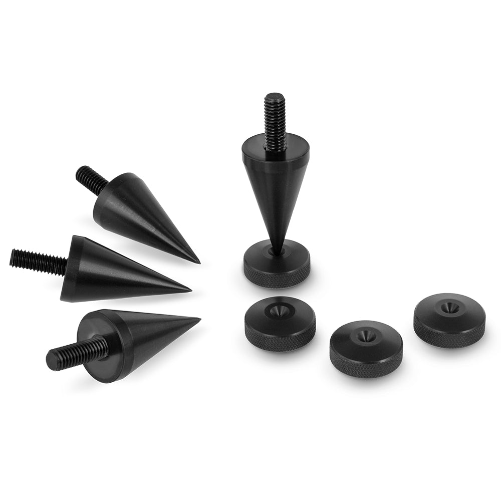BIG Black Aluminium Speaker Spikes M8 L37mm + Pads Knurled- Set of 4